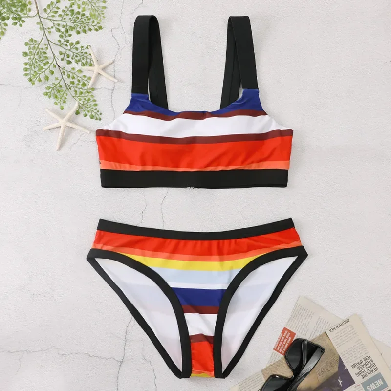 Maillot de bain sexy à rayures arc-en-ciel pour femmes, bikini push-up, vêtements de plage