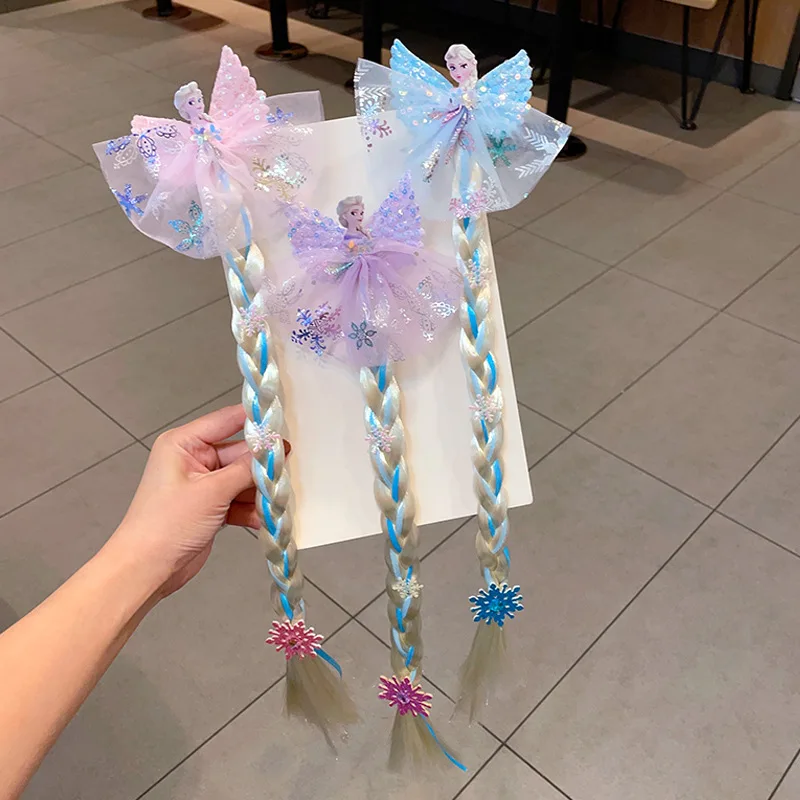 New Disney Frozen Princess Headwear Cute Cartoon Princess Elsa Winged Tassels Wig Braid Hair Clips for Baby Girls Hair Accessory