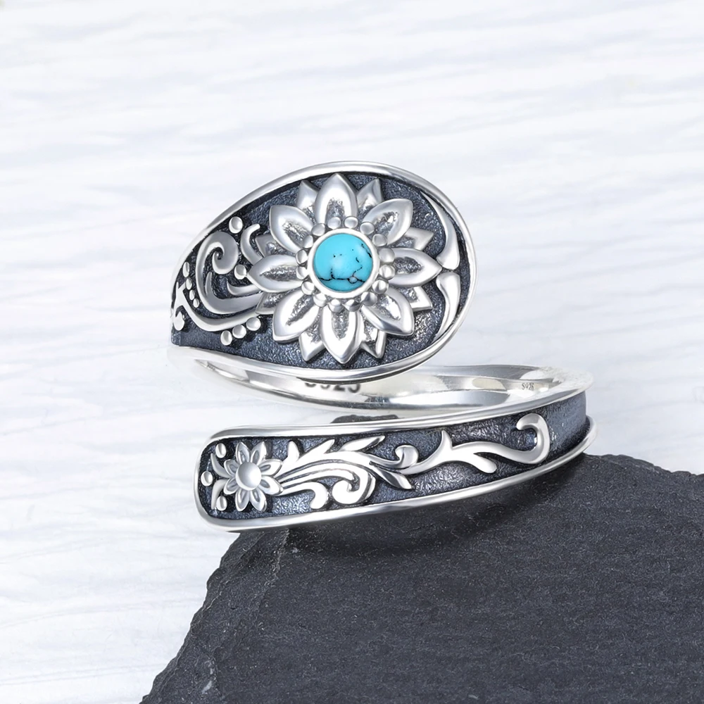 XiaoJing 925 Sterling Silver Sunflower Spoon Rings Turquoise Adjustable Rings Boho Victorian Vintage Jewelry Gift for Women Girl