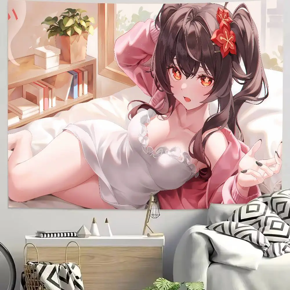 Pretty Hot Kawaii Hu Tao Tapestry Decoration Bedroom Dormitory Background Cloth Holiday Home Party Living Room Club Tapestry