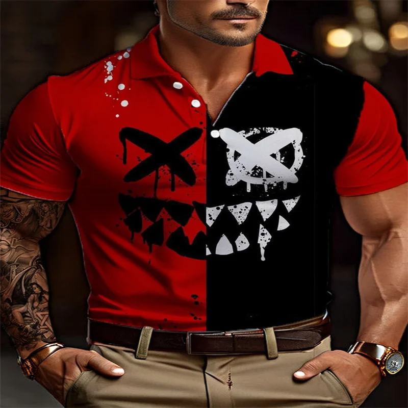 

Red And Black Spliced Graffiti Devil Smiling Face Printing Short Sleeve Polo Vintage White And Black Rhombus Poker Element Patte