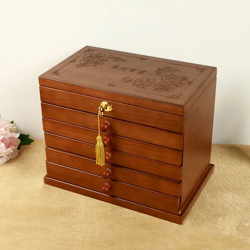 

Pine Jewelry Box Locking Storage Box Large Capacity Jewelry Organizer Mirror Chinese Style Decorative Box Elegant Design