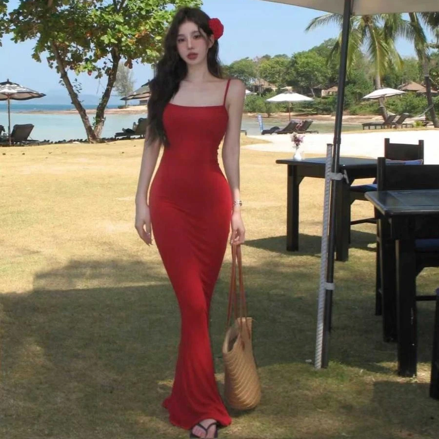 Slim Woman Dresses Trumpet Solid Sweet Spicy Solid Simple Chic Soft Korean Style All-match Streetwear Casual Summer Sundress