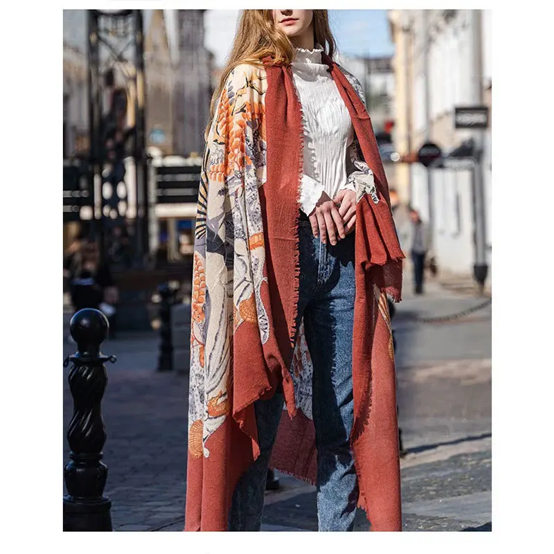 

Шарф из 100% шерсти - элегантная женская теплая большая шаль с принтом - 190*130 см - повязка на голову - пляжное одеяло