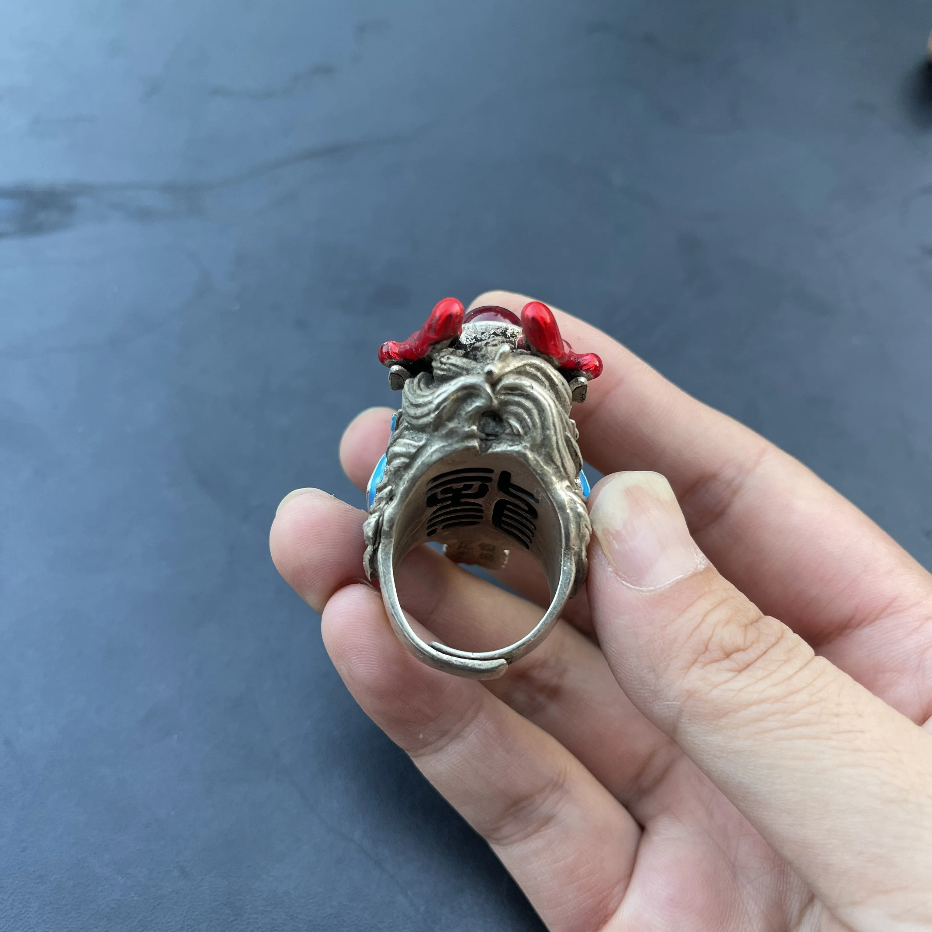Men Vintage Chinese Dragon Ring, Antique Silver‑Tone Enamel Craft Simulated Red Gem Inlaid Retro Ethnic Totem Punk Biker Stateme