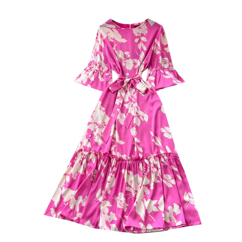 Boho donna slim chic estate stampa floreale fasciatura abito lungo casual festa volant vestido de festa elegante abito con maniche svasate