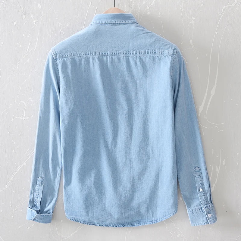 

Brother Wang 100% Cotton Men's Denim Shirts Autumn Thin Fashion Light Blue Long Sleeve Comfortable Soft Daily Work Casual Shirt