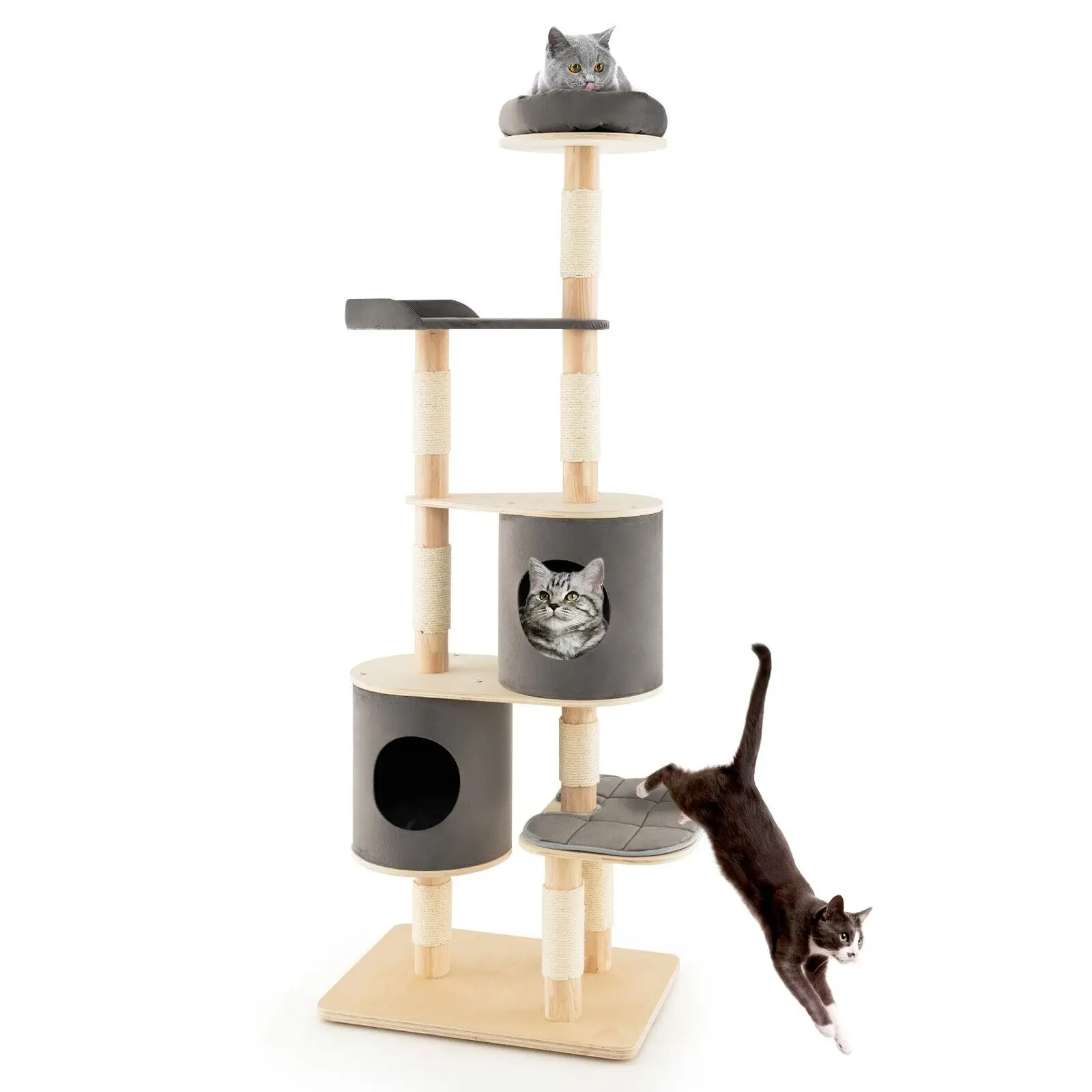 DORTALA 6-Tier Cat Tree 190 cm Rubber Wood Cat Tower Furniture W/ Sisal Scratching Posts