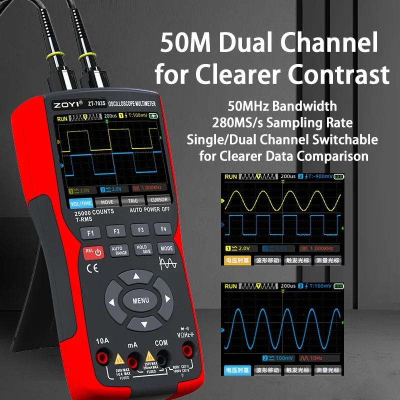 ZOYI ZT-703S High Precision 3-in-1 Multimeter Dual Channel 50MHz Oscilloscope Signal Generator