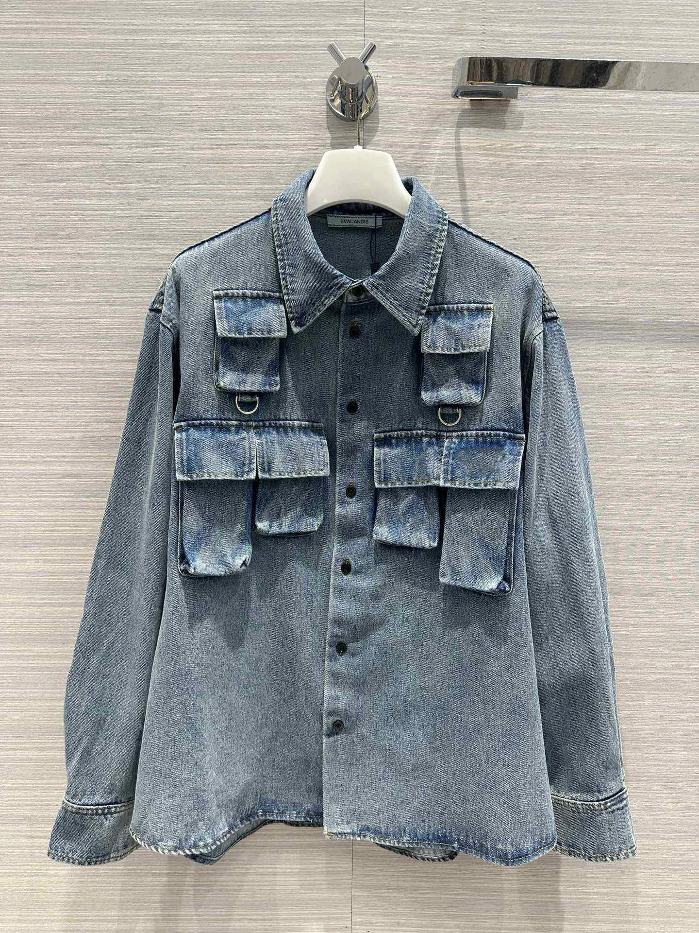 

EVACANDIS Women Spring Summer New Safari Style Pockets Cotton Denim Vintage Shirt Coat Loose Turn-down Collar High Quality Chic