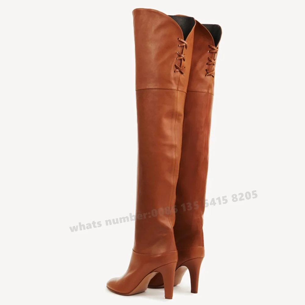 V-Cut Splicing Over The Knee Boots 2025 New Round Toe Chunky Heels Women's Long Boots Winter Leather Casual Shoes Luxury Solid