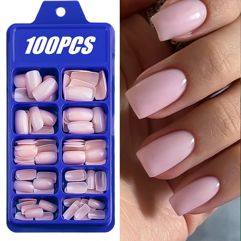 100 Piezas Uñas Postizas Rosa Claro Cortas Medianas Cuadradas Cobertura Completa 10 Tallas Decoración de Dedos