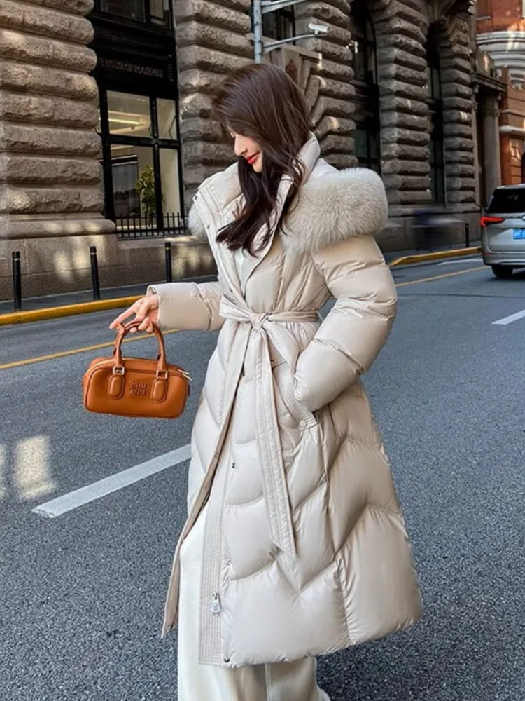 Jaqueta feminina com gola de pele de raposa, estilo longo, inverno 2025, acima do joelho, cintura, pato branco