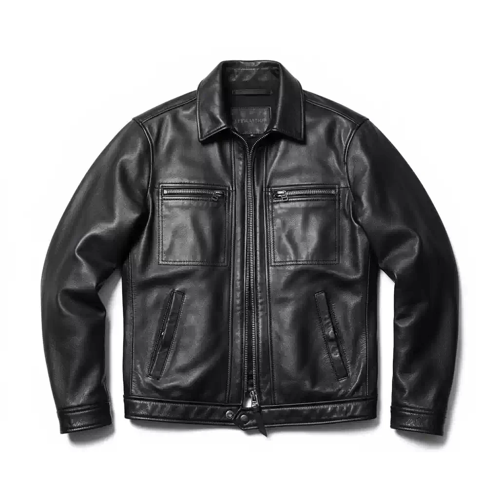 Men's Soft Glossy Sheep Leather Coat Spread Collar 2 Zip Flap Pockets 2 Slash Pockets Snap Hem Tabs Secure Storage Work Jacket