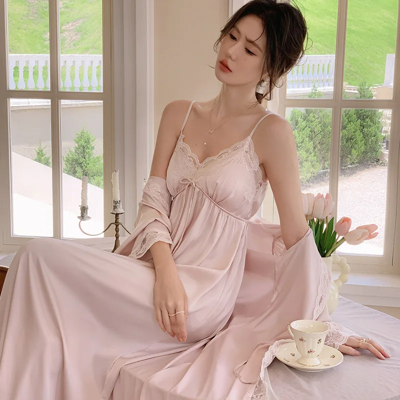 Women French Thin Style Sexy Two-Pieces Night Robe Lace V-Neck Spaghetti Strap Nightie Full Sleeves Loose Ice Silk Morning Robe