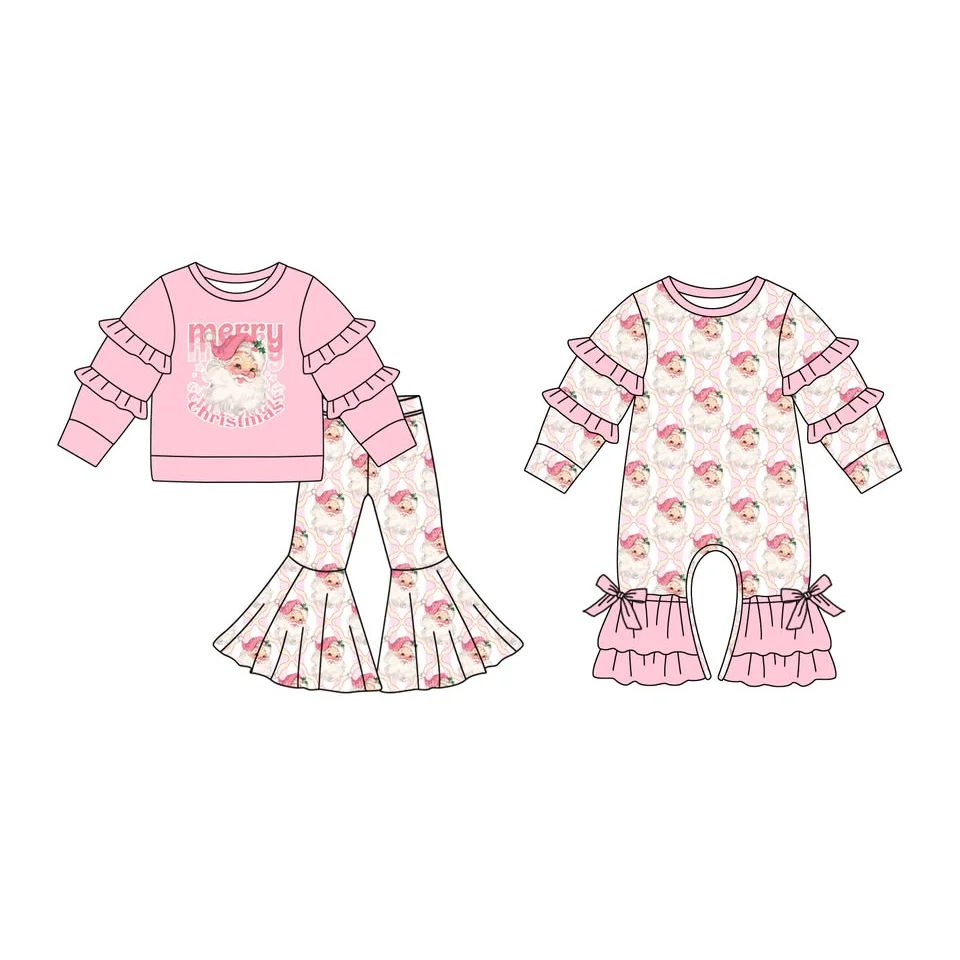 Boutique Merry Christmas Outfits Girls Pink Santa Long Sleeves Tunic Top Fashion Kids Bell Pants Sets Baby Romper Clothes