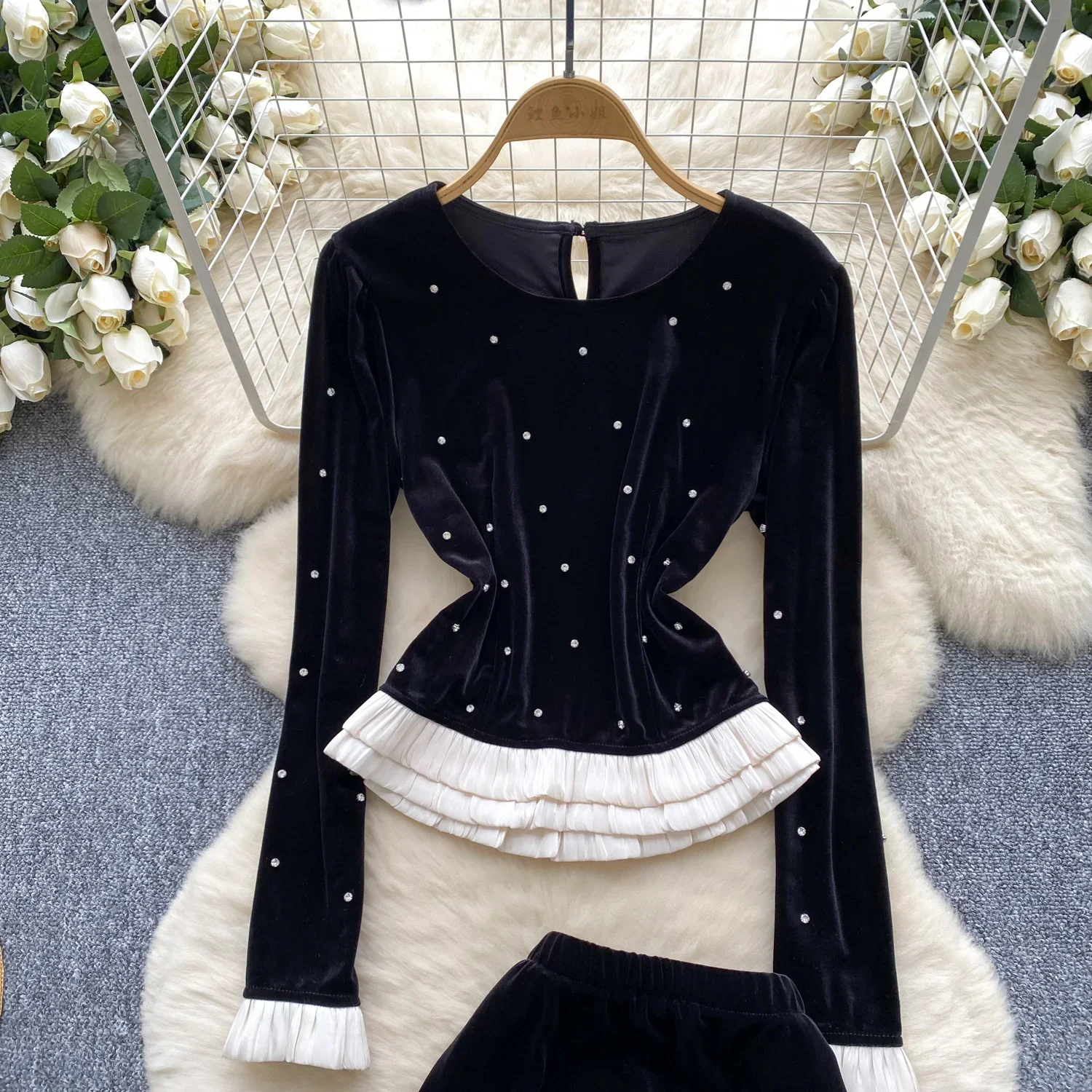 Elegant O-neck Long Sleeve Chic Rhinestone Ruffle Slim Top High Waist Skirt French Streetwear High Street Winter Velvet Clothing