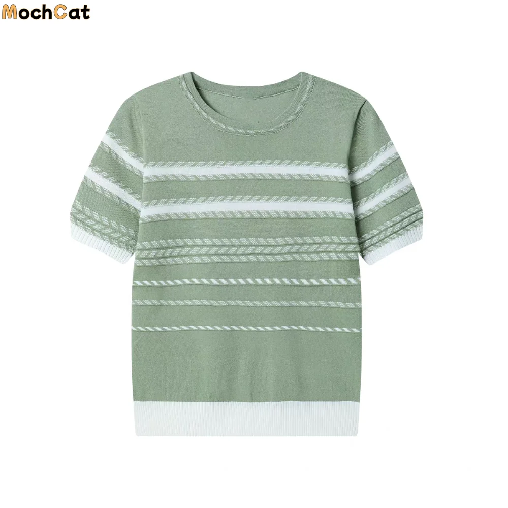 

Comfortable Ins Short Sleeve Crop Top Summer Female Clothing Stripe Knitted T-shirt Loose Bottoming Shirt Knitwear Women Summer