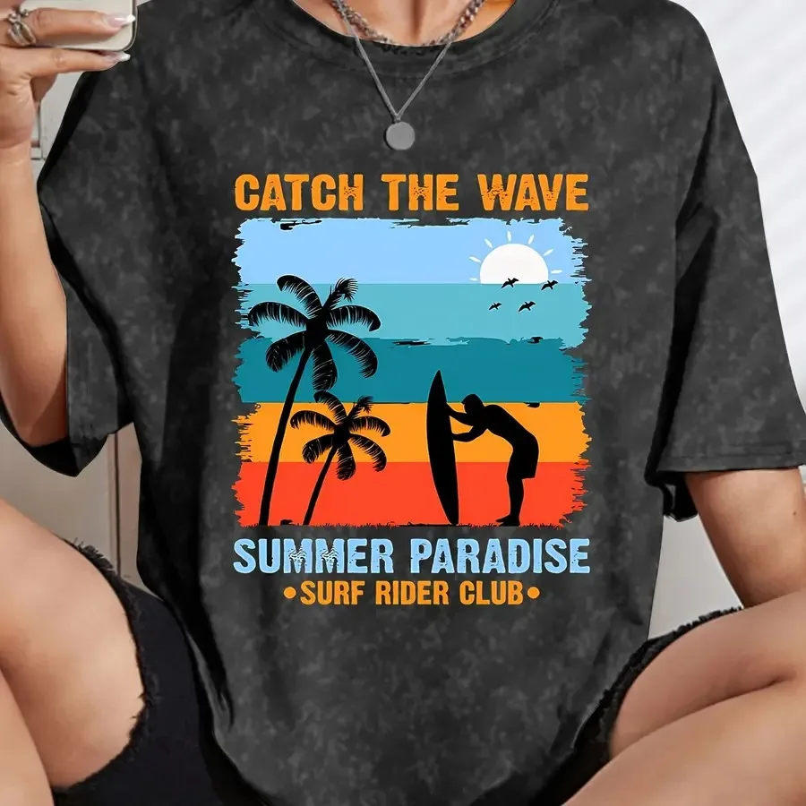 Camiseta negra y gris para mujer, Sexy y bonita, con estampado de olas, surf y palmeras, cuello redondo, informal, elegante, estilo Vintage, cómoda, para verano