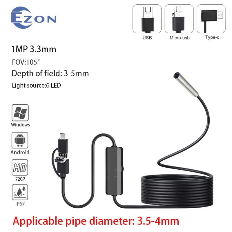 

USB endoscope camera, 3.3mm super macro lens, waterproof probe with 6 LEDs, pipe inspection endoscope for Android and Windows