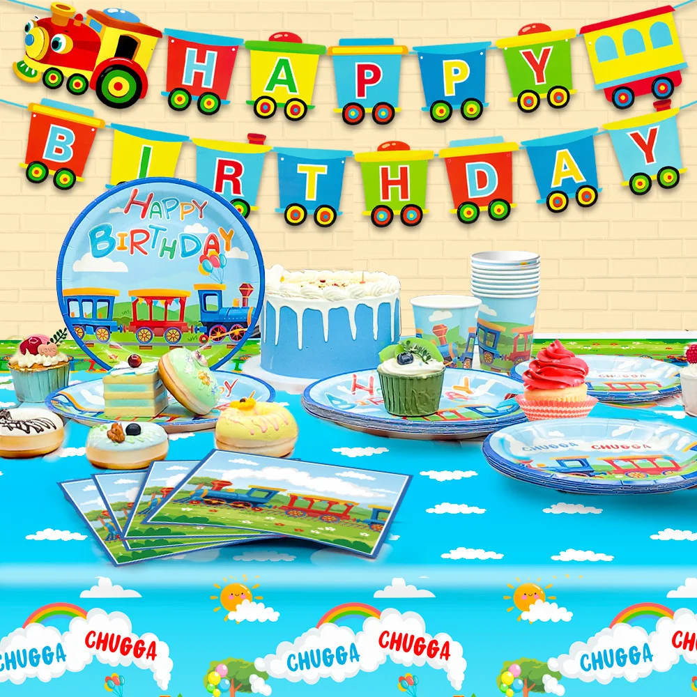 Train Birthday Party Supplies,66pcs Decorations Tableware Set - Train Plates and Cups Napkins & Banner Tablecloth etc