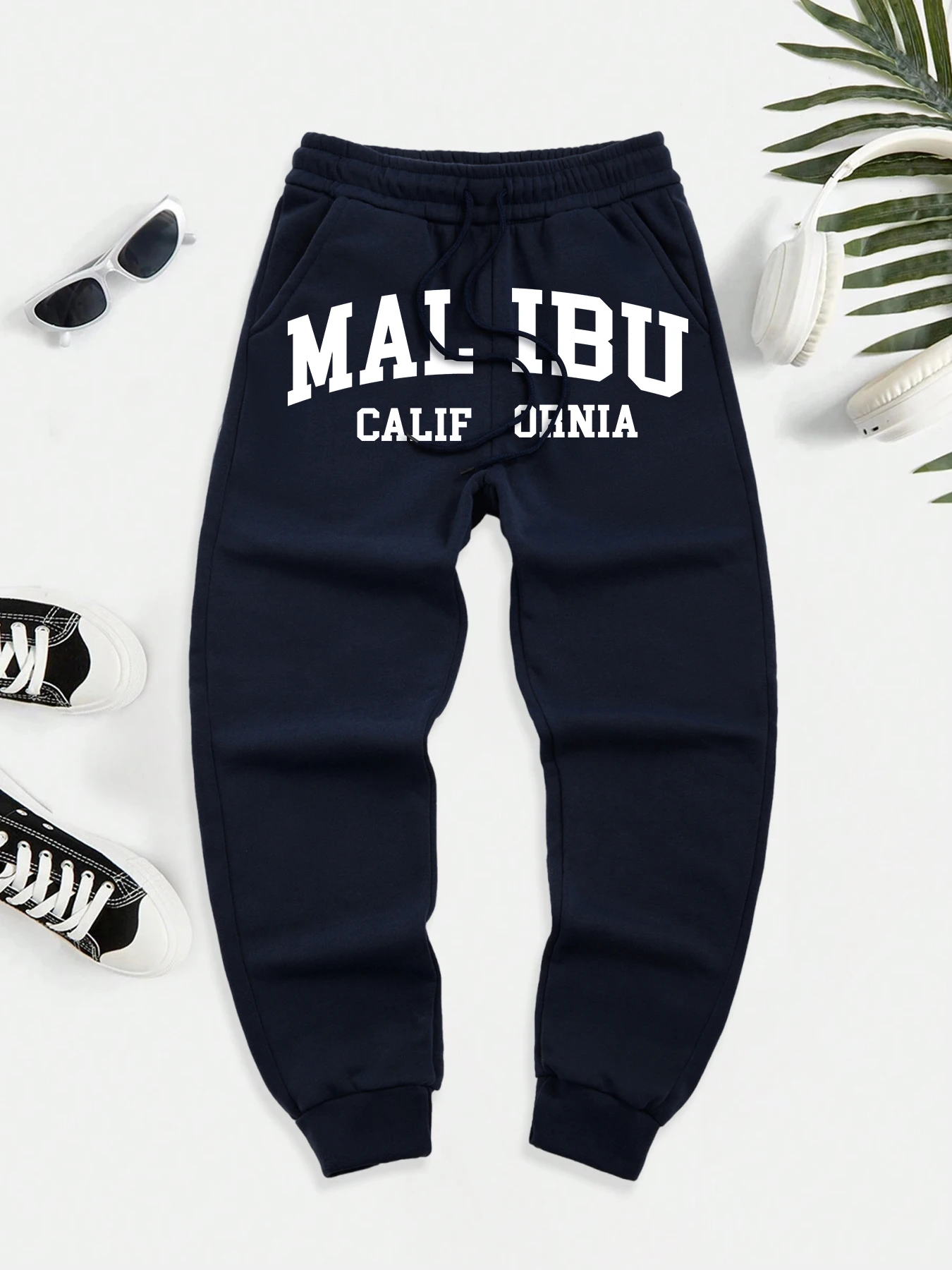 

Malibu California Art Letter Pattern Man Elastic Waist Sportpants Soft Warm Britches Pocket Fleece Pants Comfy Street Long Pant