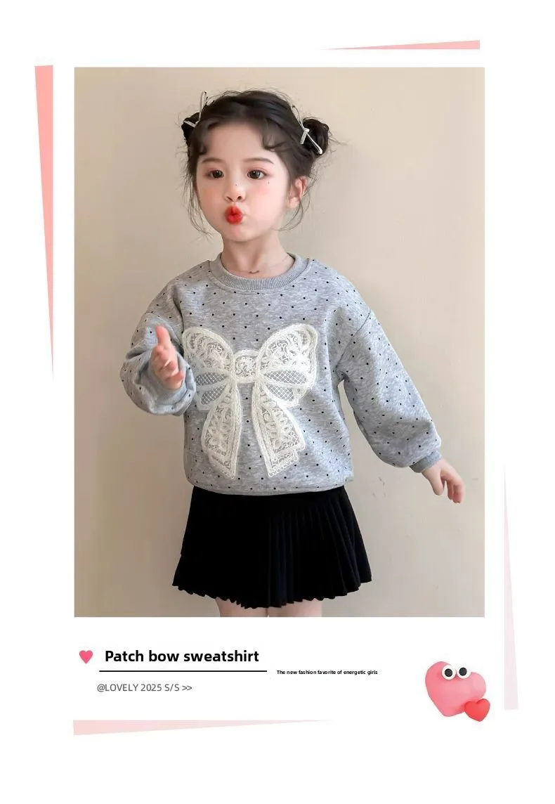 Kleinkind Mädchen Sweatshirt mit Großer Spitze und Schleife Lässiger Baumwoll-Pullover mit Punkten für Kleinkinder Rundhals Langarm Oberteil Kinderkleidung – Detail 5