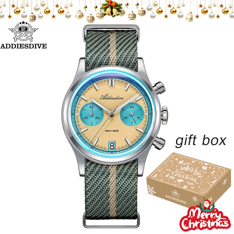 

ADDIESDIVE Chronograph Watch for Gift Luminous 100m Waterproof Calendar Swim Japan VK64 Quartz 38mm Luxury Men Wristwatch New