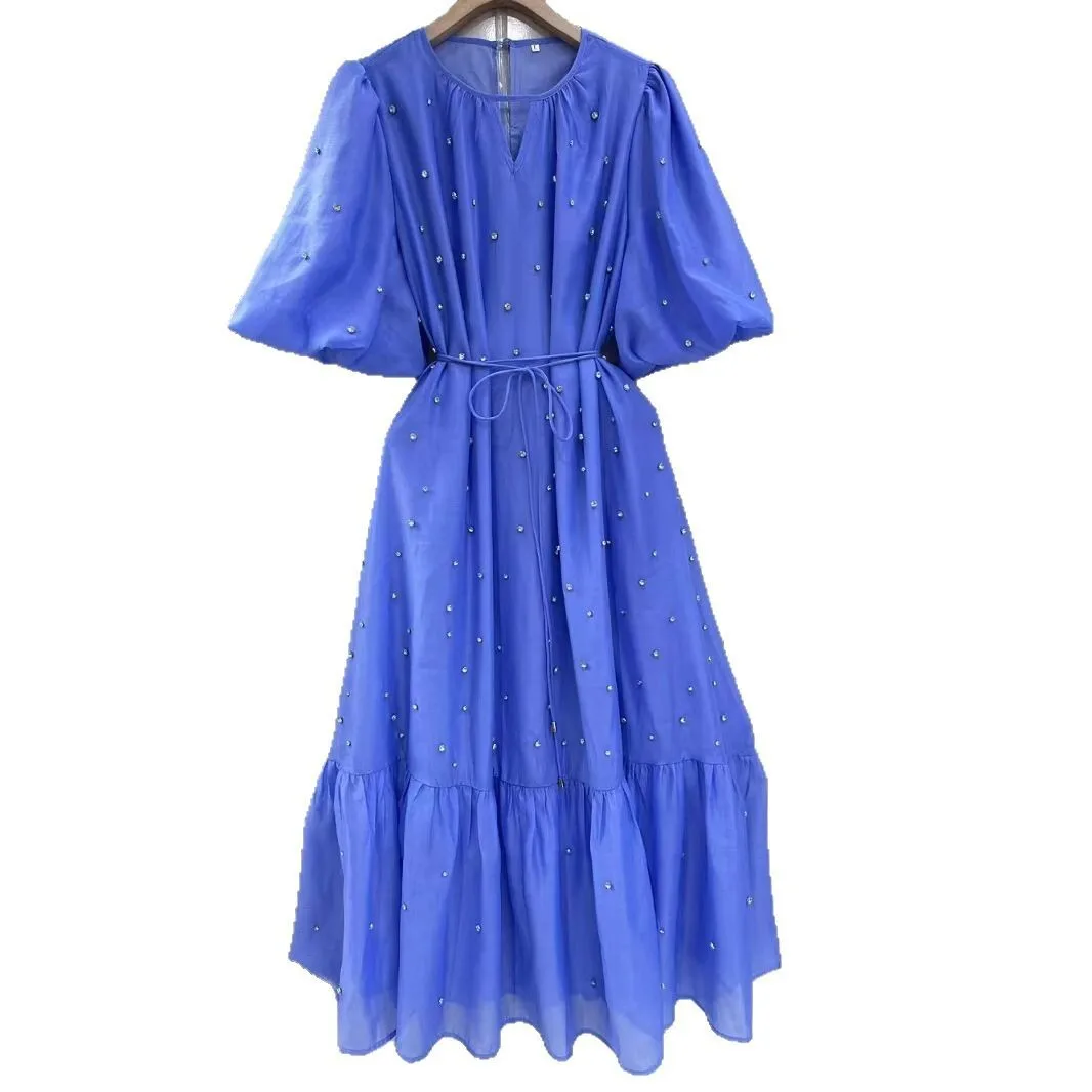 Robe de soirée de luxe en cristal pour femmes, manches courtes, perles, ample, mi-longue, élégante, tenue de soirée, été, automne