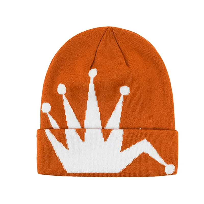 따뜻한 겨울 크라운 프린트 니트 비니 모자 블랙 화이트 소프트 아크릴 니트 캡 유니섹스 스트리트 패션 캐주얼 편안한 매일