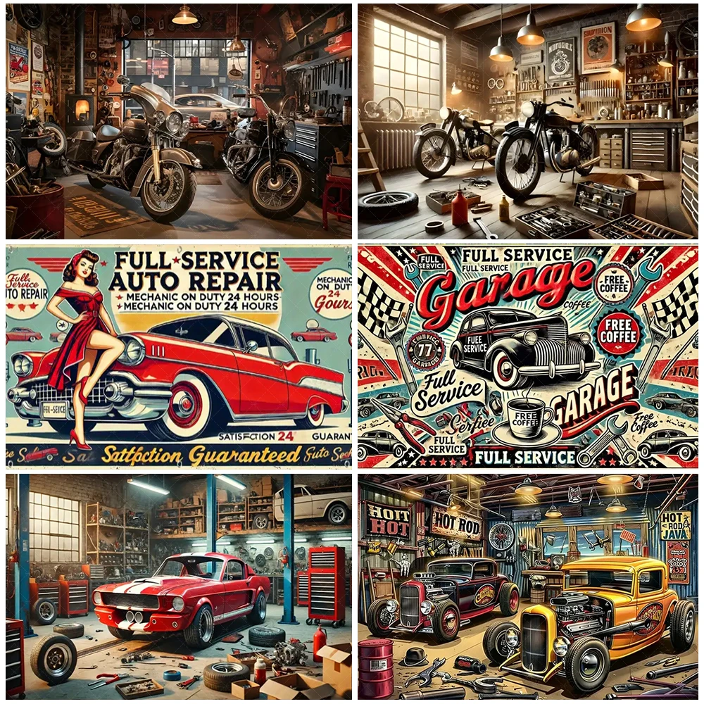 

Retro Motorcycle Car Repairs Garage Tool Workshop Theme Backdrop Boy Birthday Party Decoration Retro Poster Newspaper Background