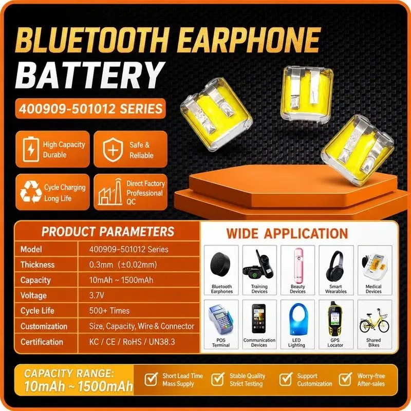 100pcs For Bluetooth Headset 400909 401010 Polymer Lithium Battery 3.7V 40mAh Rechargeable Li‑ion Battery Replacement Battery