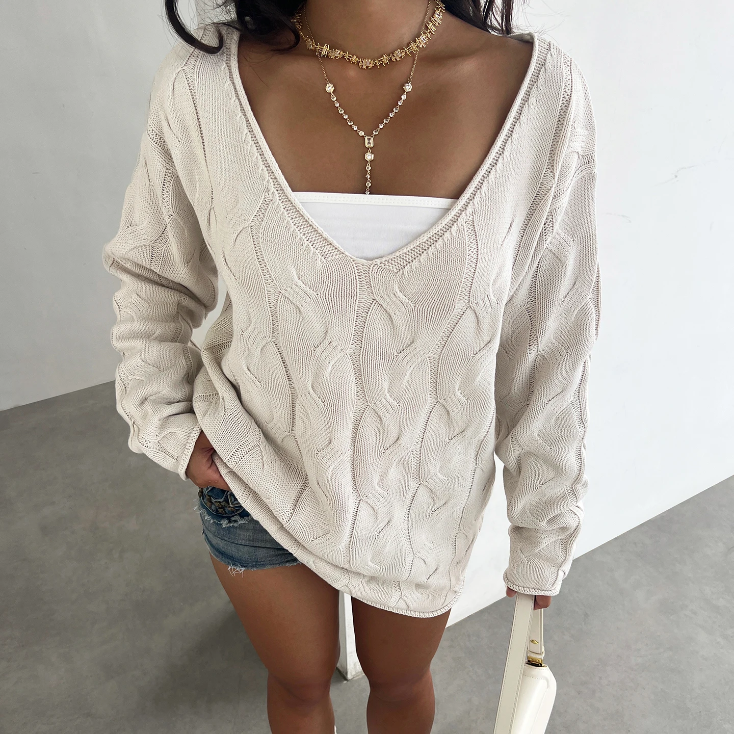 Deep V Neck Cable Knit Tunic Sweater Long Sleeve Solid Beige Oversized Loose Fit Knit Pullover Casual Fall Winter Mid Length Kni