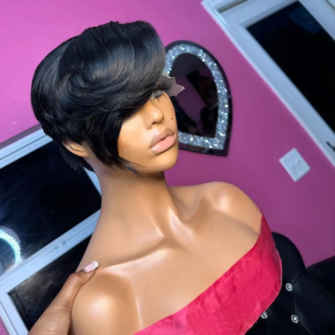 Slide Pixie Cut Perücken aus Echthaar 13x4 Lace Front Perücken Kurze Bob-Perücke Brasilianisches Glattes HD Lace Frontal Echthaar-Perücke 200 Dichte – Detail 6
