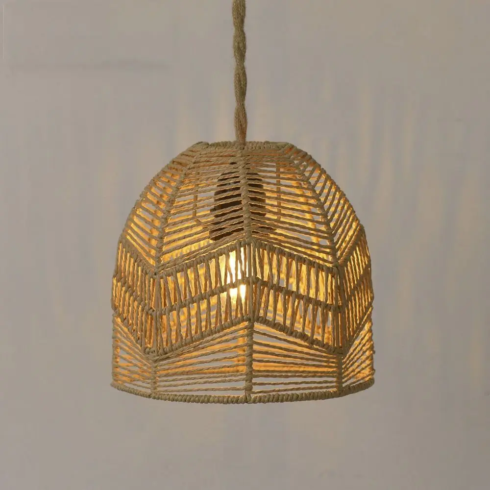 Handwoven Paper Rope Lamp Shade Hand-Woven Bamboo Natural Rattan Pendant Light Fixture Minimalist Decorative Hanging Light
