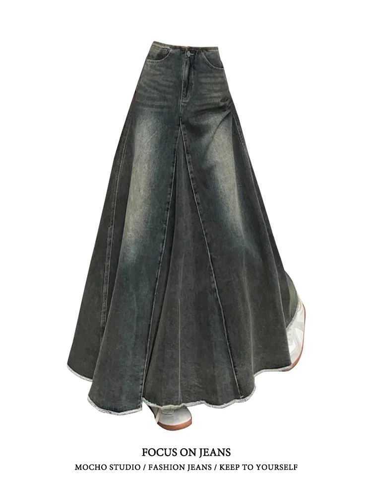 American vintage Fishtail Denim Skirt for Women Summer New High Waist Slimming A Word Sheath Mid-Length Large Swing Skirt