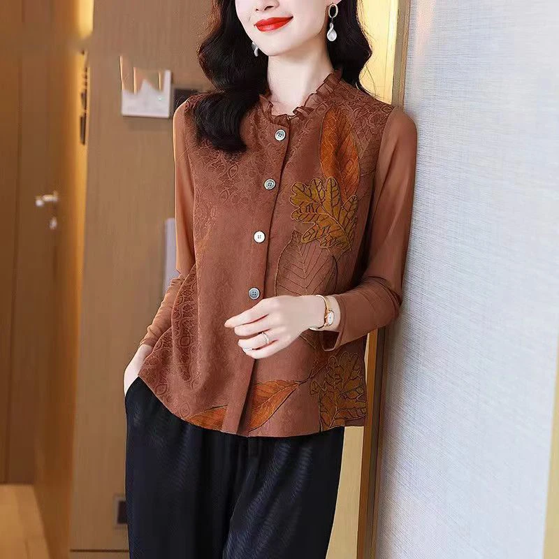 Autumn Winter New Ruffles Collar Vintage Jacquard Long Sleeve Blouse Women Elegant Fashion Slim Buttons Top Women Cardigan Shirt