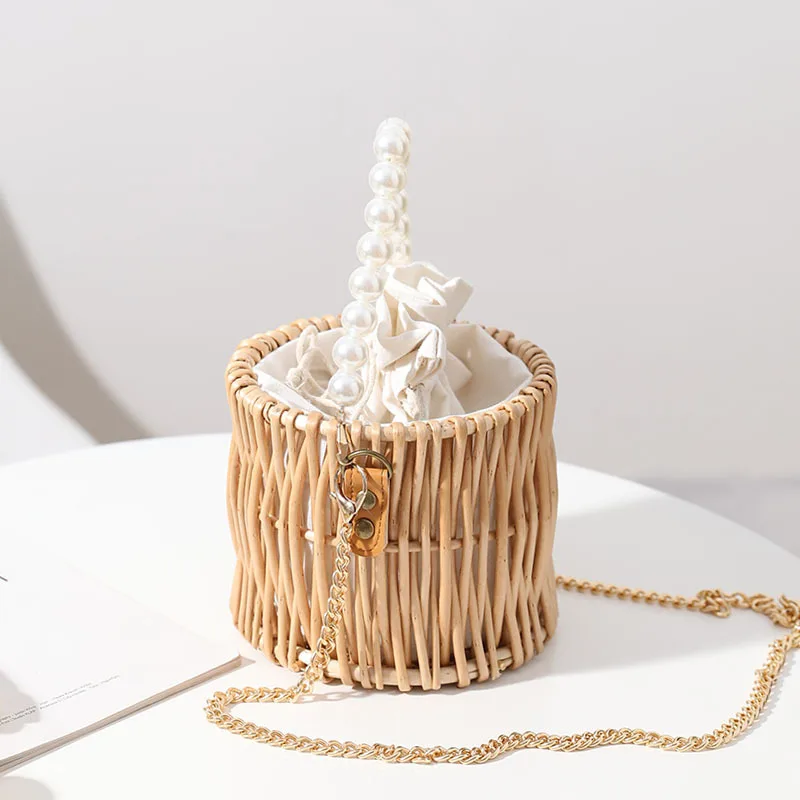 Straw Bag Female 2024 New Lovely Cane Makes Up Manual Bucket Bag One Shoulder Pearl Hand Woven Bag