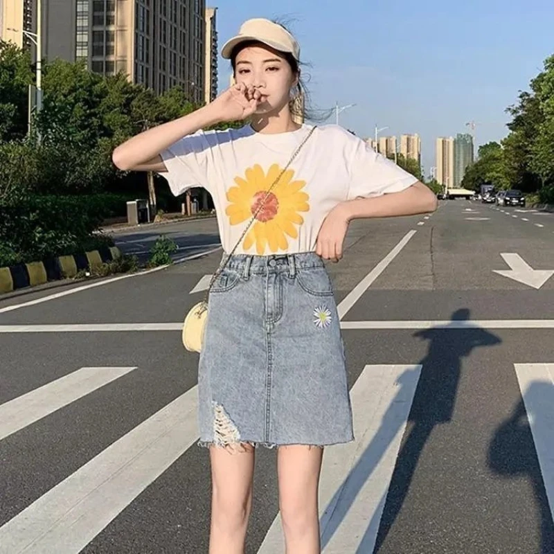 Women's Daisy Pattern Denim Mini Skirt High Waist Bodycon A Line Asymmetrical Summer Spring Autumn Ins Trending 2026