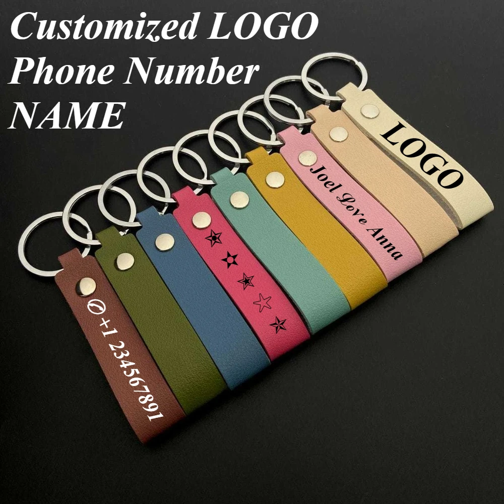 Custom LOGO Leather Keychain Car Moto Keyring Luggage Key Chain Hanging Rope Personalized Label Name Carving Gift Wholesale