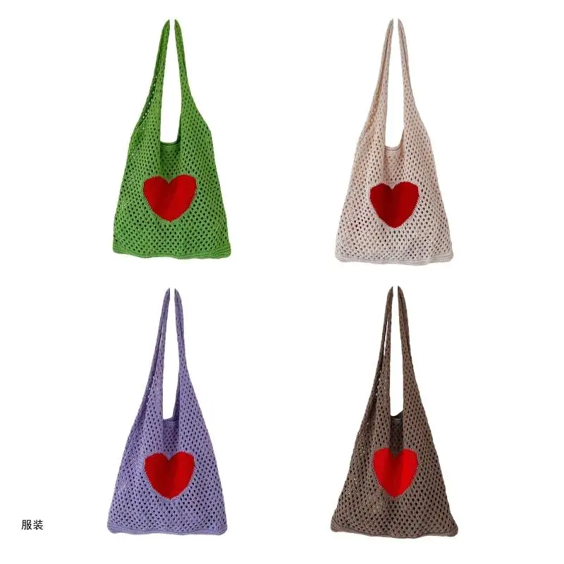 D0UD Delicate Heart Knitted Bag Shoulder Bag Mesh Hollow Handbag Tote Bag for School