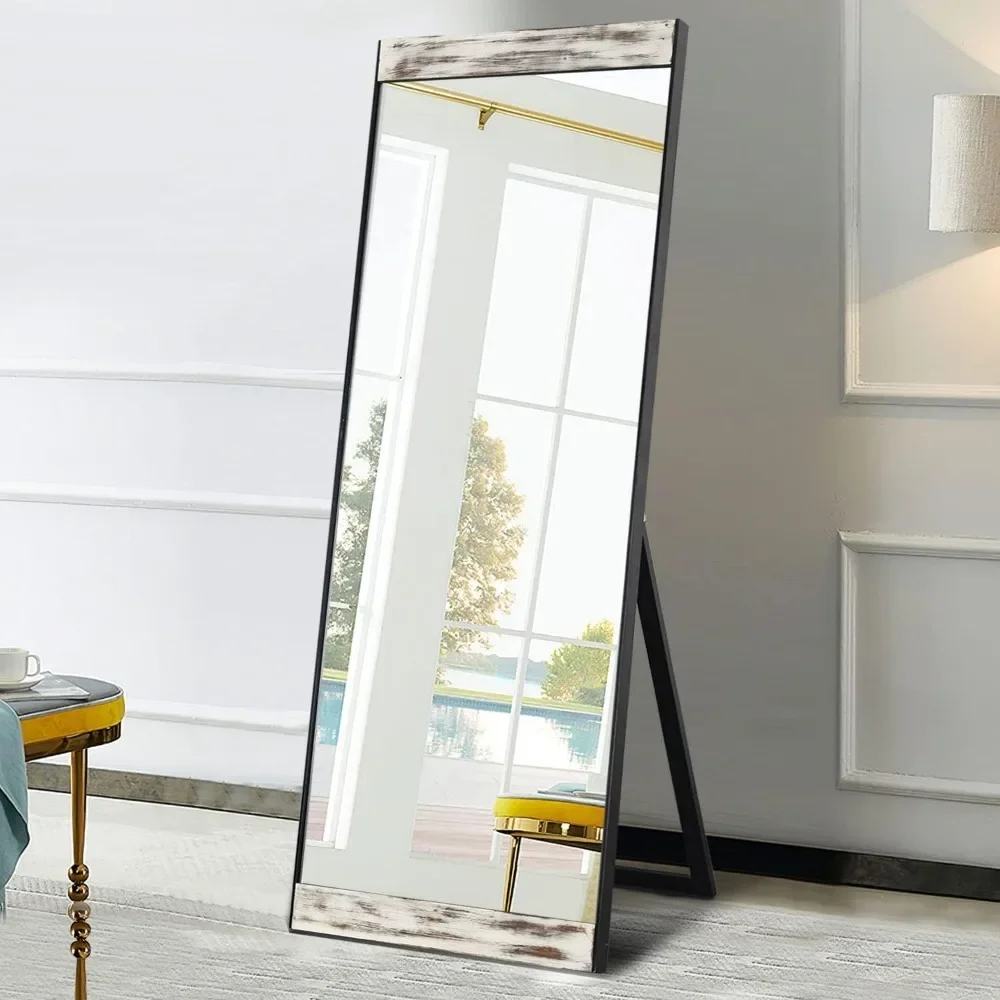 مرآة أرضية كبيرة مستطيلية لغرفة النوم ، مرآة خلع الملابس ، مثبتة على الحائط ، قشرة خشب الصنوبر ، بيضاء