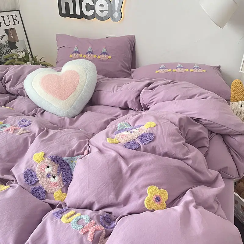 Purple Washing Bedding Set  Towel Embroidered Small Doll Four PIECE Set Dormitory Cardboard Duvet Cover Quilt Duvet Set