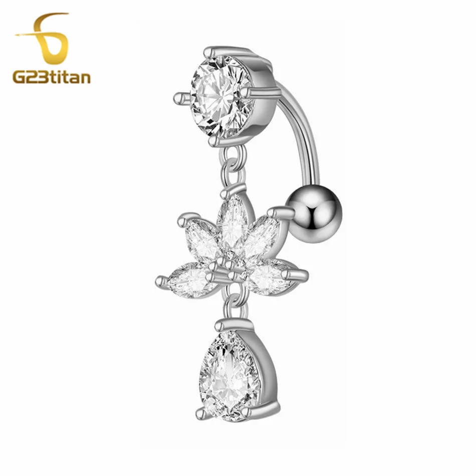 14G Reverse Titanium Barbell Zircons Flower Drop Navel Ring 6-16mm Surgery Body Bar Piercing Women Girls CZ Belly Button Jewelry