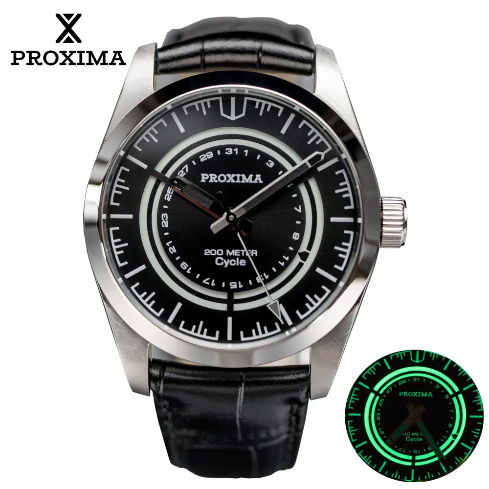 Proxima Men Luxury Watch 37mm Black Sunburst Cycle Dial Vintage Sport Watch Female Automatic Mechanical Watches 20Bar