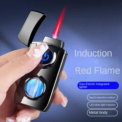 Gas-electric Metal Inflatable Lighter with Visible Transom Touch Sensor Red Flame Windproof Lighter Men's Gadget Gift