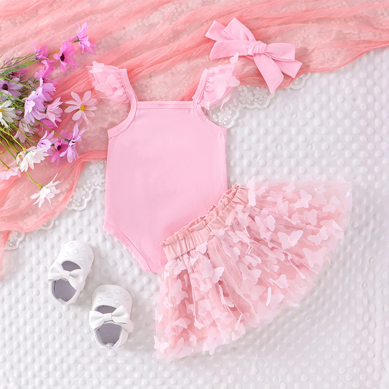 Newborn Baby Girl Clothes Letter Print Fly Sleeve Romper Butterfly Tulle Skirt Tie-Up Headband 3Pcs Set