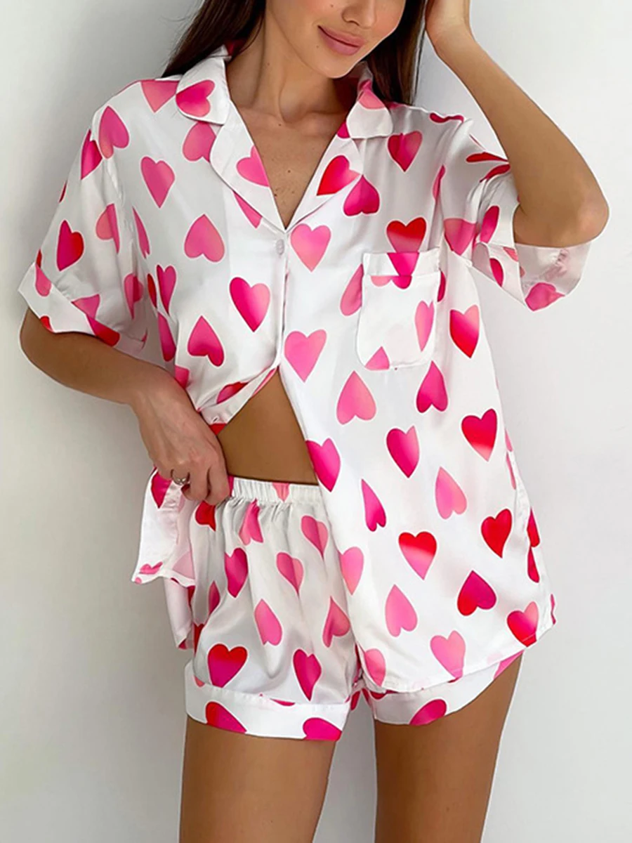 Women’s 2Pcs Pajama Set Summer Short Sleeve Heart Print Loose Shirt + Shorts Set Valentine's Day Sleepwear Night Wear Home Suits