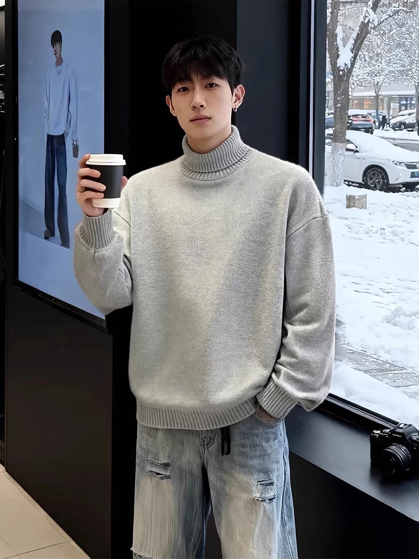 

ay High Collar Fce Lined Knitwear Men's Winter Base Layer irt Casual Comfortable Warm Thiened Long Sve Crew Ne