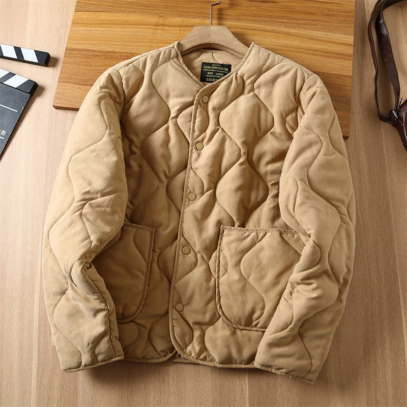 2026 Spring New Casual Mens Down Jacket Vintage Crew Neck Button-up Warm Coats Men Stylish Textured Solid Color Outerwear